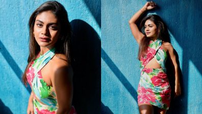 Sreejita De Serves Summer Vacation Vibe   In Cut-out Floral Printed Mini Dress