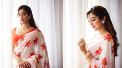 Janhvi Kapoor Takes Us Back In Time With Vintage Glamour In A White And Orange Floral Saree