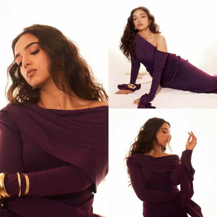 Ahsaas Channa Stuns in a Purple One-Shoulder Gown, Flaunting a Hot Curvy Physique with Elegance! 893095