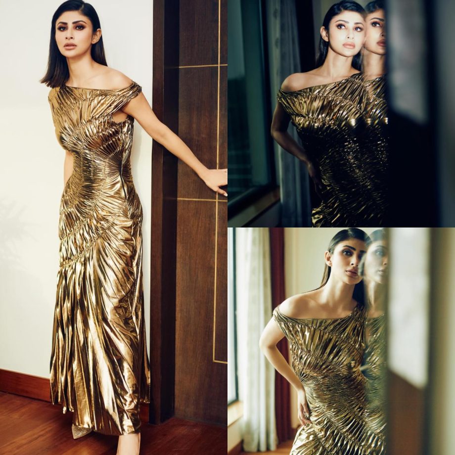 Mouni Roy Flaunts Hourglass Figure In Golden Metallic Gown, Wishes To Become 'Entire Problem' 893301