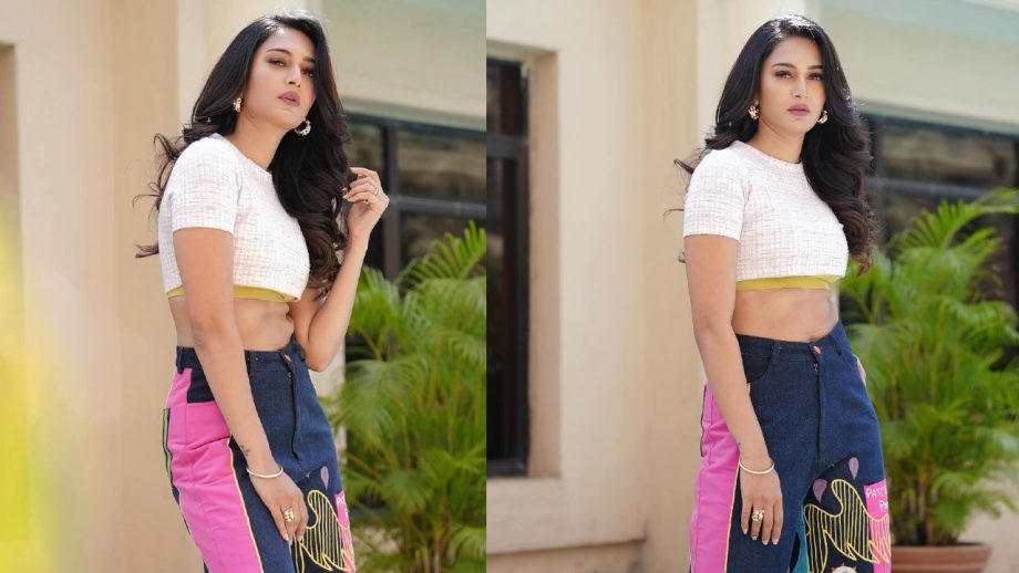 Erica Fernandes Embraces Color Burst Style in a Blush Pink Crop Top and Funky Curry Pants 893700