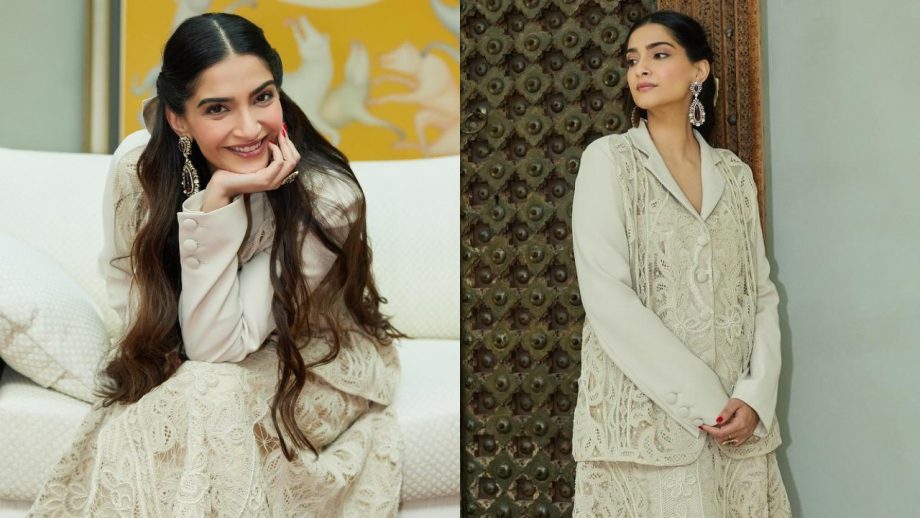 Sonam Kapoor Looks Stunning In A Neutral Beaded Blazer And Skirt 894675