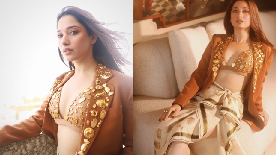 Tamanaah Bhatia Looks Stunning In Tan Indo-Western Outfit With Plunging Bralette 897393