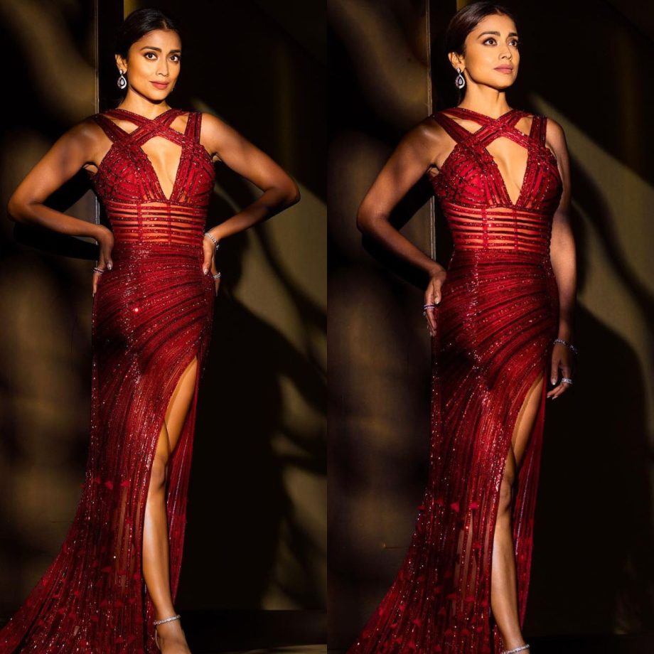 Tamannaah Bhatia Vs. Shriya Saran: Whose Shimmery Red Thigh-high Slit Dress Is Perfect For Cocktail Party? 895260