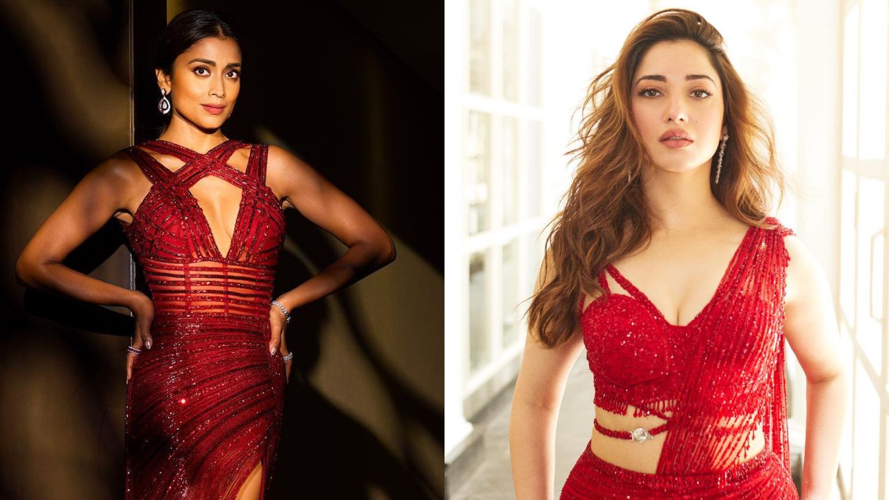 Tamannaah Bhatia Vs. Shriya Saran: Whose Shimmery Red Thigh-high Slit Dress Is Perfect For Cocktail Party? 895259