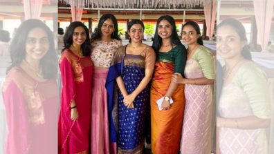 Rashmika Mandanna Shines In Royal Blue Saree Posing With Her Girl Gang