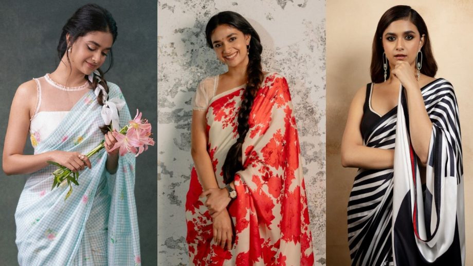 Channel Keerthy Suresh's Elegance With These 5 Stylish Blouse Designs For Simple Printed Sarees 913176