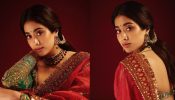 Janhvi Kapoor gorgeous look in red organza saree with trendy green full sleeves blouse 913460