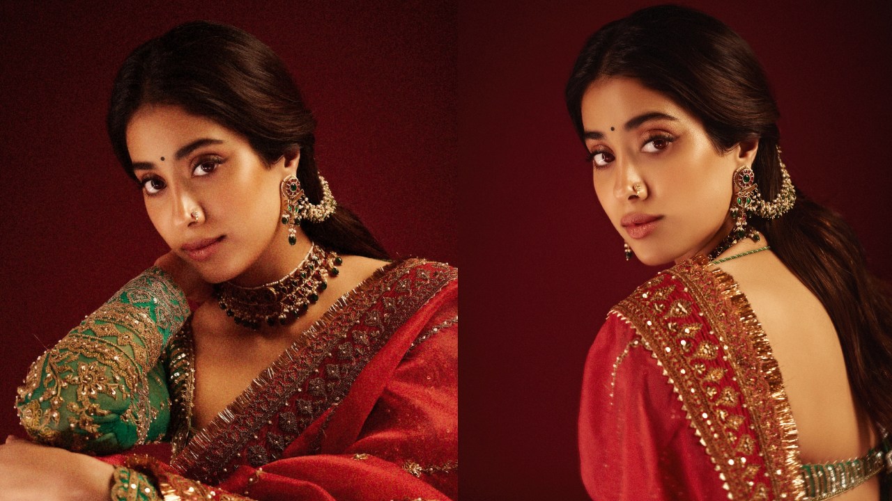 Janhvi Kapoor gorgeous look in red organza saree with trendy green full sleeves blouse 913460