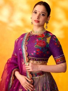 Tamannaah Bhatia Exuding Festive Vibes In Purple Floral Silk Lehenga