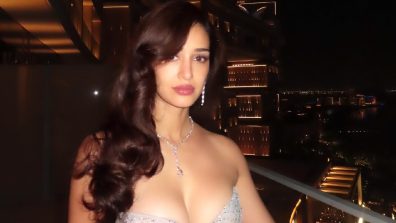 Disha Patani Shines in a Sparkling Sky Blue and Pink Off-Shoulder Dress