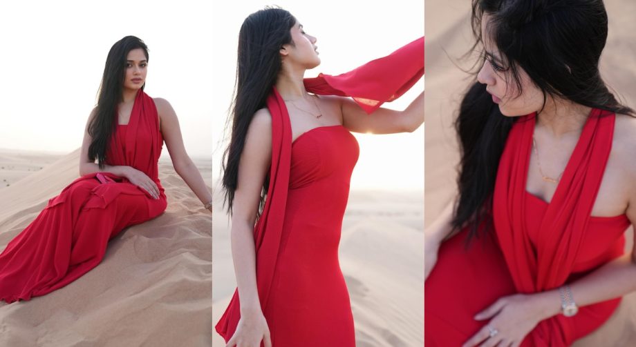 Jannat Zubair Stuns in Dubai with Her Red Off-Shoulder Bodycon Dress 930533