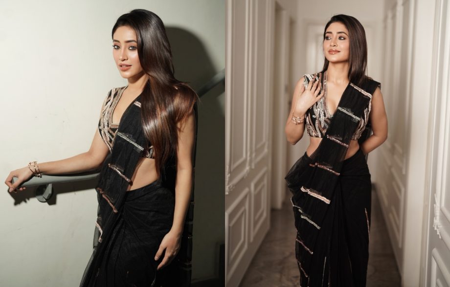 Shivangi Joshi Looks Like a Diva in a Black Draped Saree with Leaf Print Blouse 930013