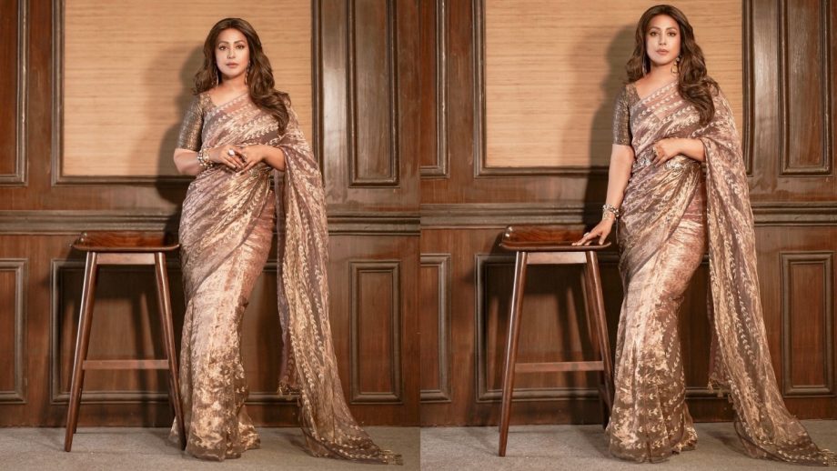 Hina Khan Effortlessly Rocks Her Desi Charm In A Coffee Brown Sheer Saree With Huge Dangles 931536