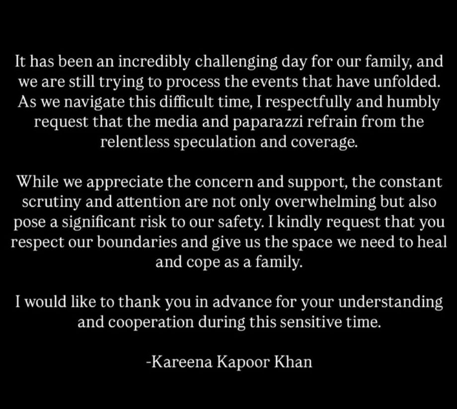 Kareena Kapoor Khan issues statement related to Saif's attack; asks media to 'respect boundaries' 933038