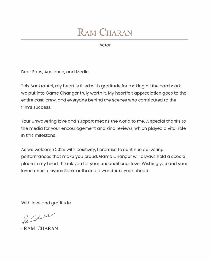 Ram Charan Expresses Gratitude as S. Shankar's Game Changer Becomes a Massive Hit 932696