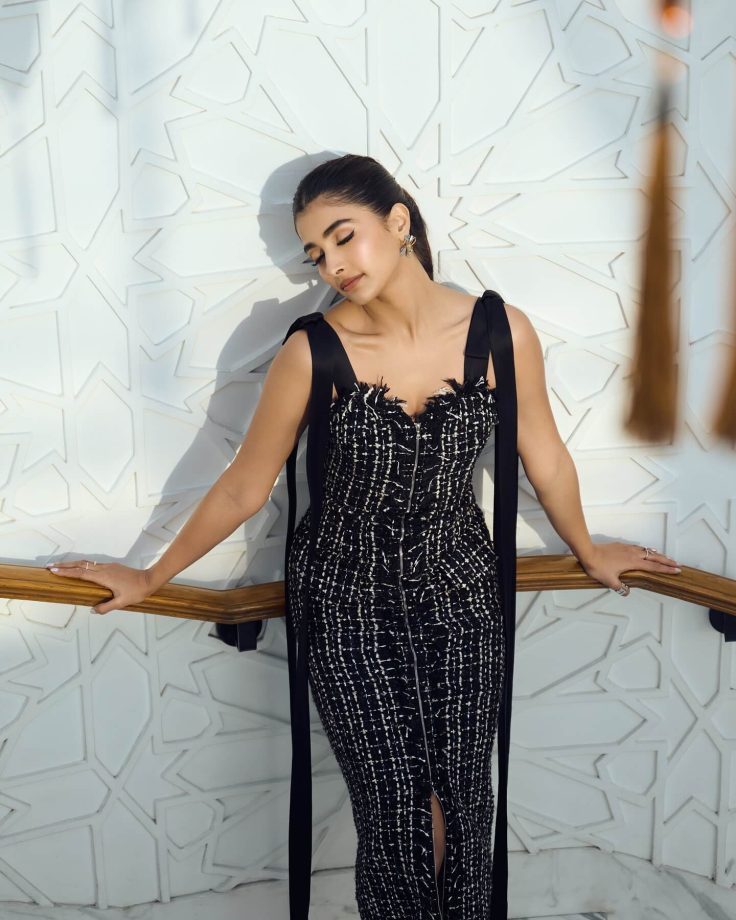 Pooja Hegde Shines in Black Bodycon Dress with Intricate White Threadwork and Bold Accessories 937070