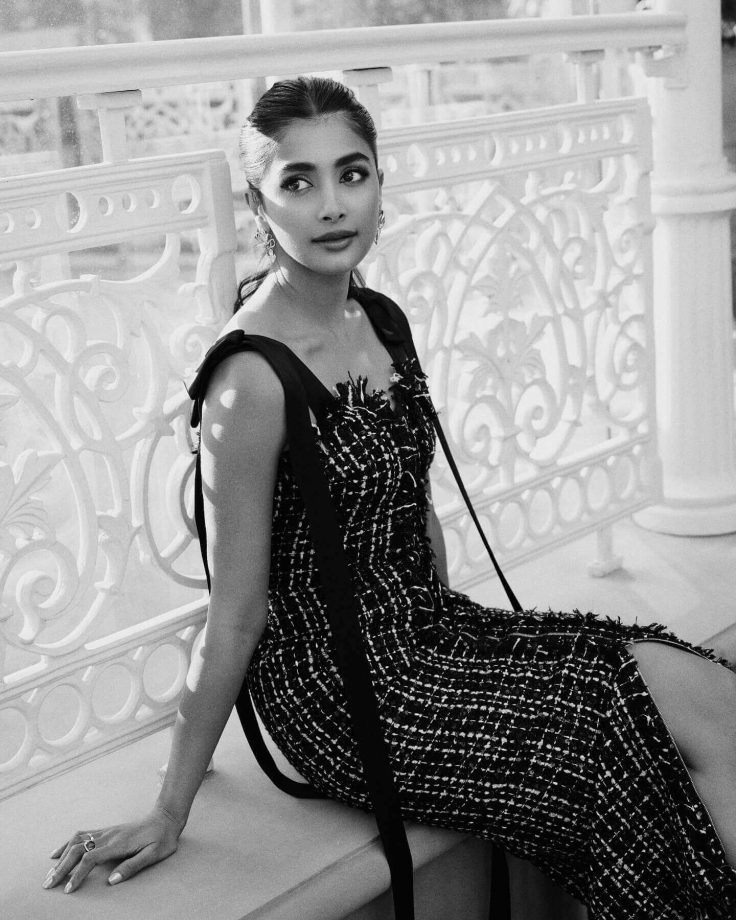 Pooja Hegde Shines in Black Bodycon Dress with Intricate White Threadwork and Bold Accessories 937072