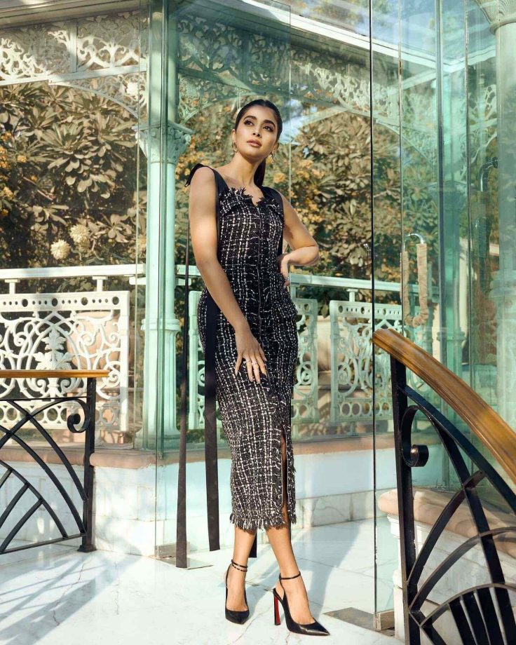 Pooja Hegde Shines in Black Bodycon Dress with Intricate White Threadwork and Bold Accessories 937073