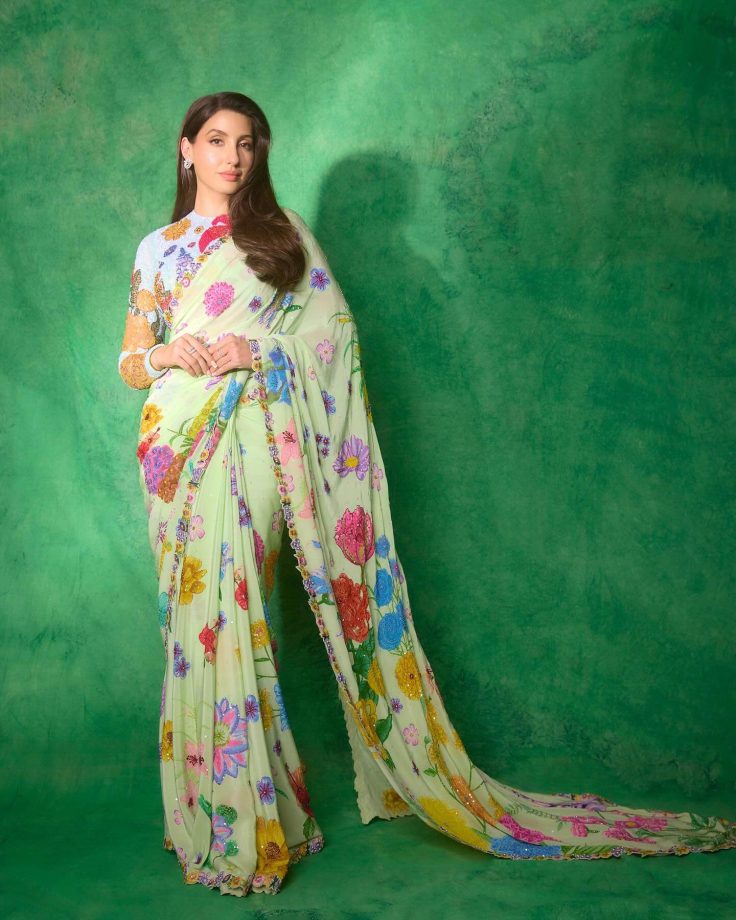 Nora Fatehi Epitomises Grace In Floral Green Saree, Designer Blouse Grabs Attention 941068