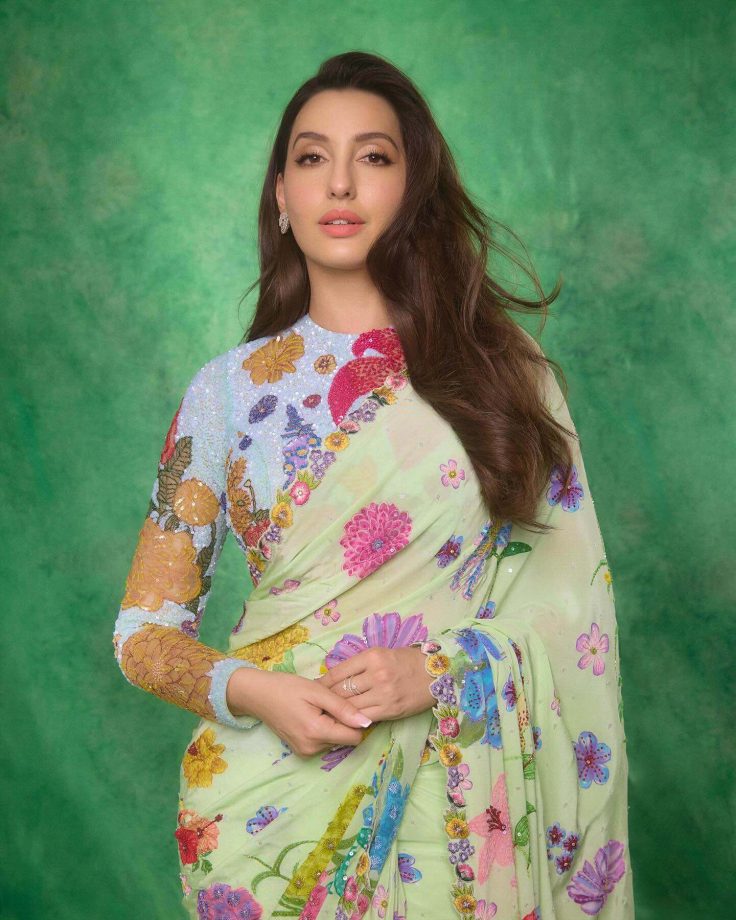 Nora Fatehi Epitomises Grace In Floral Green Saree, Designer Blouse Grabs Attention 941069