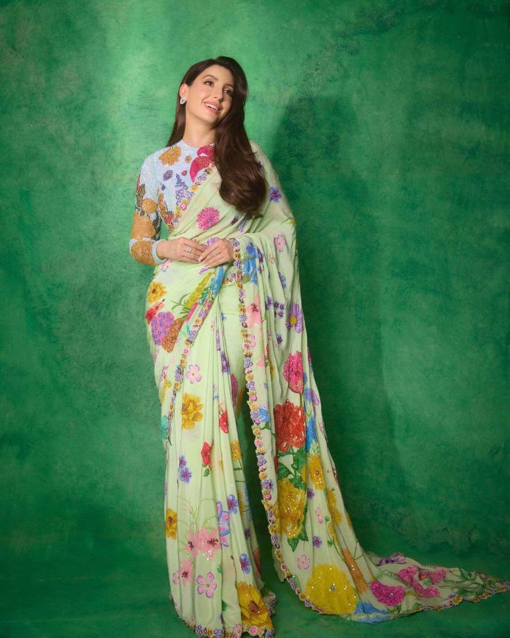 Nora Fatehi Epitomises Grace In Floral Green Saree, Designer Blouse Grabs Attention 941070