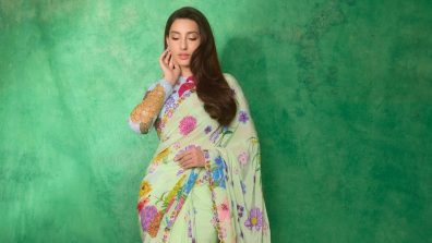 Nora Fatehi Epitomises Grace In Floral Green Saree, Designer Blouse Grabs Attention