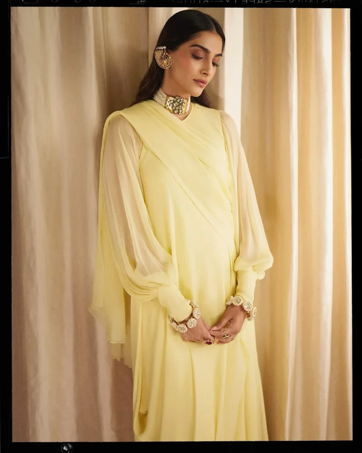 Sonam Kapoor Awes in a Light Yellow Saree-Inspired Maxi Dress 940599