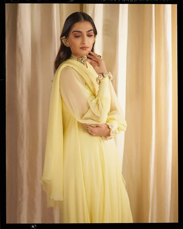 Sonam Kapoor Awes in a Light Yellow Saree-Inspired Maxi Dress 940602